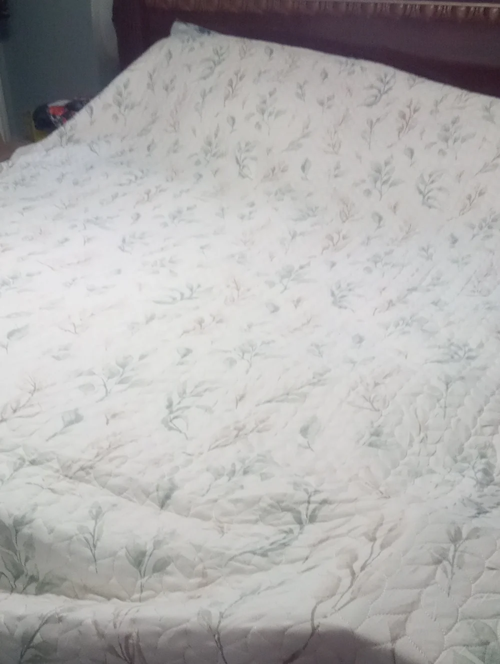 Floral Quilted Bedspread & Sham King White with Soft Green Leaf Pattern